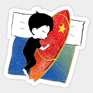 Boy sleeping with surf board Sticker